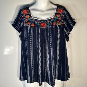 Savanna Jane SZ1X Navy Print Embroidered Peasant Top Boho Cottage Country Hippie